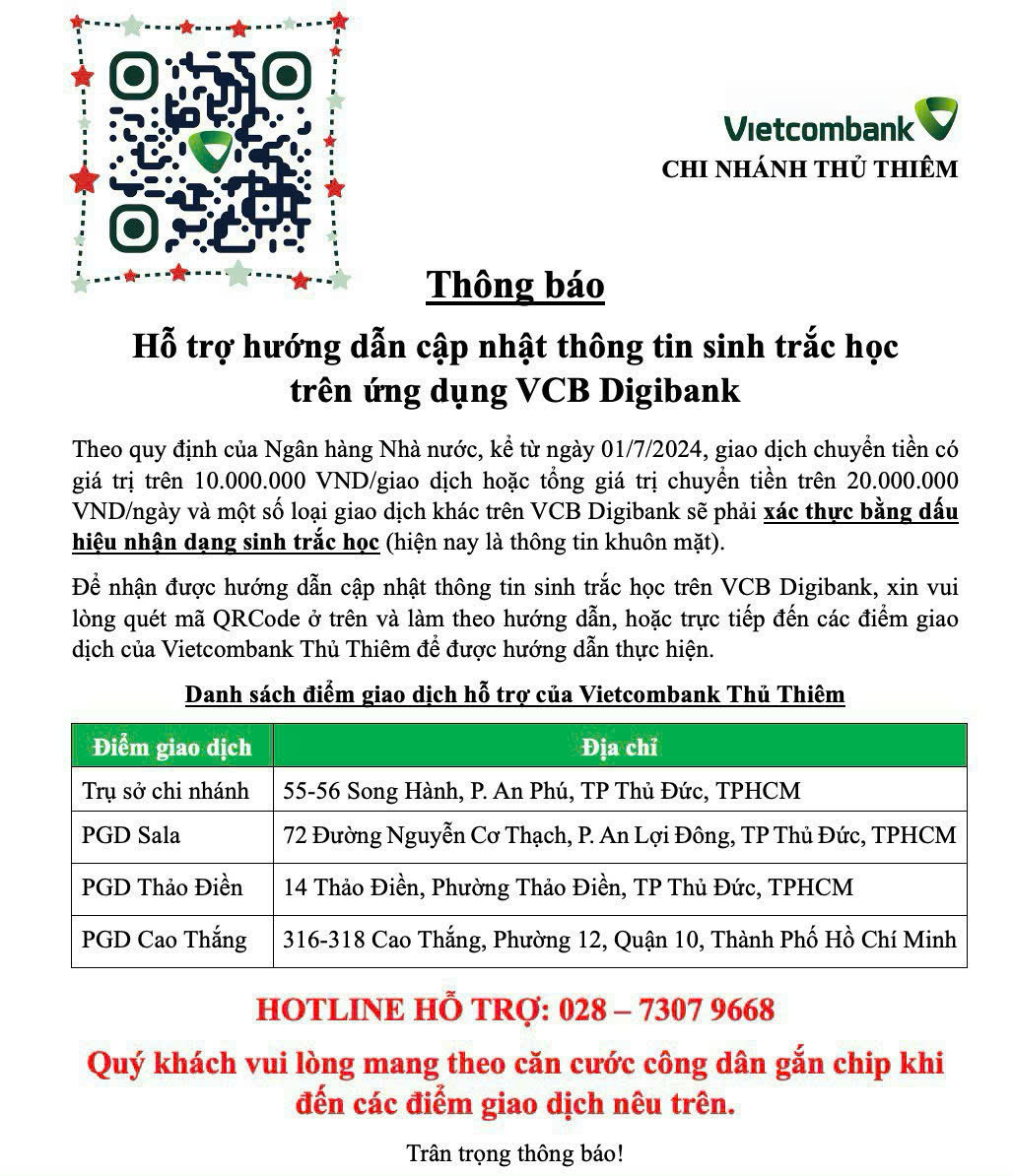 Vietcombank triển khai xác thực bằng sinh trắc học đối với một số loại giao dịch trực tuyến từ ngày 01/7/2024